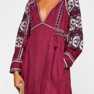 Free People All My Life Wine‎ Embroidered Mini Dress Tunic Boho